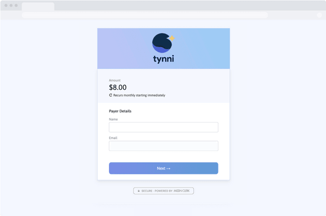 Tynni custom MoonClerk checkout design